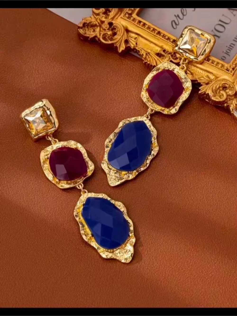 Gold-Tone Earrings with Purple & Blue Stones